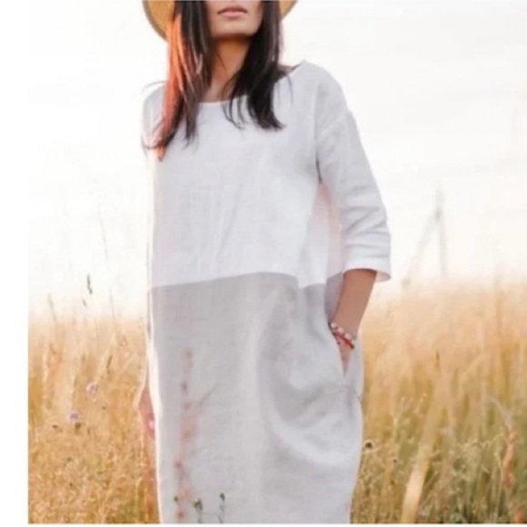 Magic Linen Adria White and Natural 100% linen dress size small - Picture 4 of 12